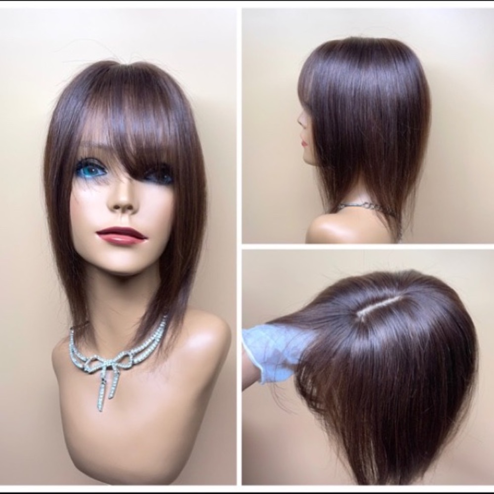 13” brown 100% human hair brown thick density lace base topper wig